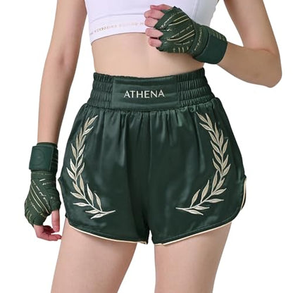 Women's Green & Gold Muay Thai MMA Shorts Athena with Built-in Safety Compression Tights. Muay Thai Kickboxing Training - size: Medium