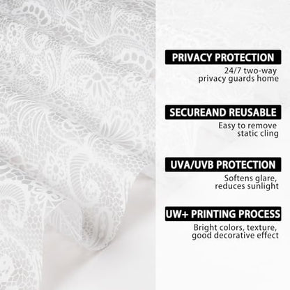 Frosted Window Privacy Film, White Lace Stained Glass Window Film, Static Cling Removable Privacy Decal, Sun Blocking Decorative Tint with Effect for Home, Doors and Office (S686, 17.7'' x 78.7'')