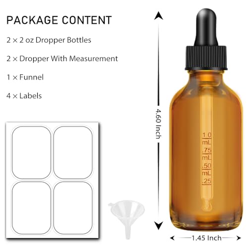 Dropper Bottle 2 oz, 2 pack Amber Glass Eye Dropper Bottles with Labels and Funnel, Tincture Bottle with Measured Dropper - Leakproof Essential Oils Bottles for Health, Personal Care & Beauty - color: Amber