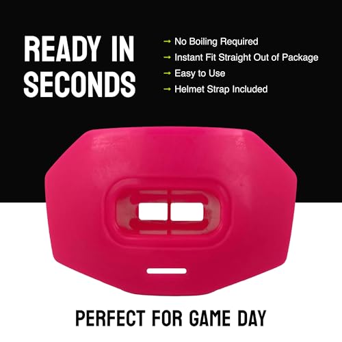 DAMAGE CONTROL Youth Football Mouth Guard – Hot Pink | Heavy Duty, Breathable No Boil Mouthpiece, Maximum Airflow, Protects Lips & Teeth, Works with Braces, Includes Helmet Strap - color: Hot Pink