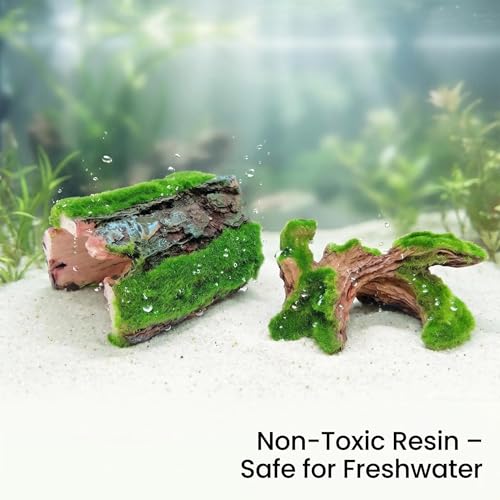 Reptile Hideout & Aquarium Cave Decor 2-Pack, Resin Hollow Log Hide for Fish Tank, Shrimp Turtle Lizard Betta Hiding Spot, Aquarium Ornament with Moss Look, 2.5"-4.1"