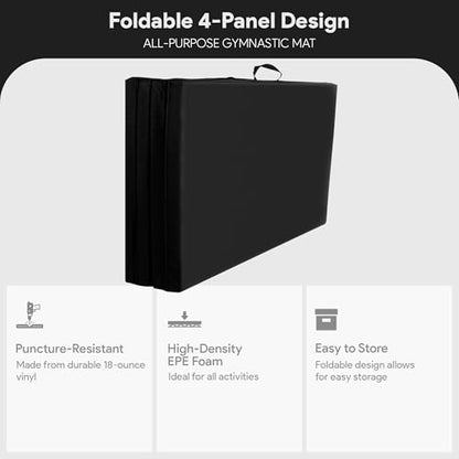 BalanceFrom 6x4 Feet 4-Panel Folding Gymnastics Mat – 2-Inch Thick Pad with Vinyl Surface and Carrying Handles for Tumbling, Yoga, Pilates, Home Workouts, and Martial Arts - color: Black