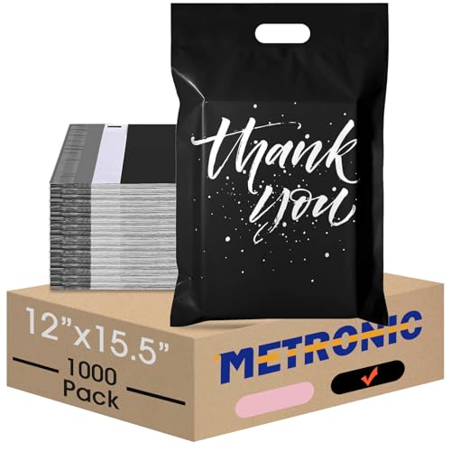 Metronic Poly Mailers with Handle 12x15.5 1000PC, Small Shipping Bags for Clothes, Self Seal Mailers Poly Bags, Upgrade Design Thank You Bags for Small Business, Cute Packaging Bags Mailing Bag Black - color: Black, size: 12X15.5" 1000PC