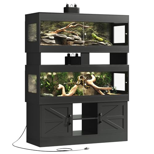 Dual 60 Gallon Reptile Tank with Stand,Reptile Enclosure,Bearded Dragon Tank,Reptile Terrarium with Cabinet,Sliding Doors,Power Outlet for Snakes,Lizards,Crested Geckos Black CAGE003B