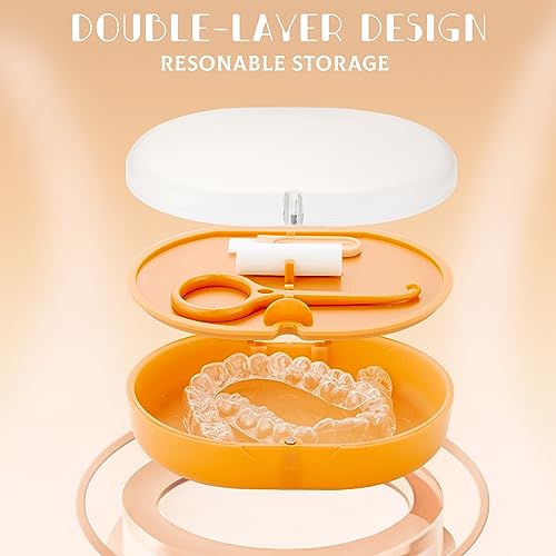 New Double-layer Aligner Case with Belt Chewing,Removal Tool,Cleaning Brush,Built in Mirror Orthodontic Case - color: orange
