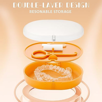 New Double-layer Aligner Case with Belt Chewing,Removal Tool,Cleaning Brush,Built in Mirror Orthodontic Case - color: orange