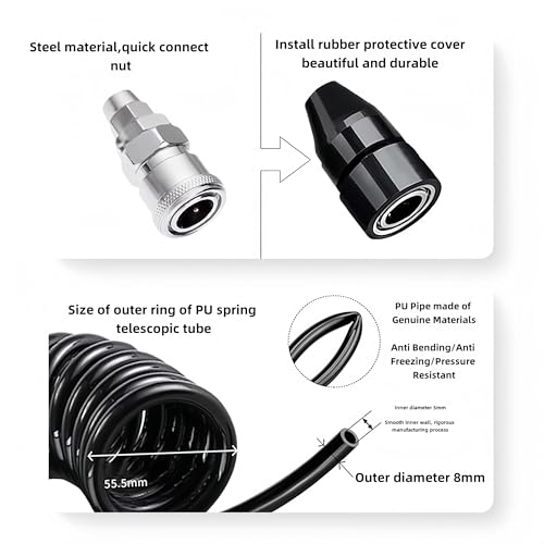 Polyurethane Recoil Air Hose, Car Air Pump Extend Hose, Air Compressor Hose, 16.4ft PS20 Female Plug Inflator Extension Tube for American Tire Nozzle Car Motorcycle