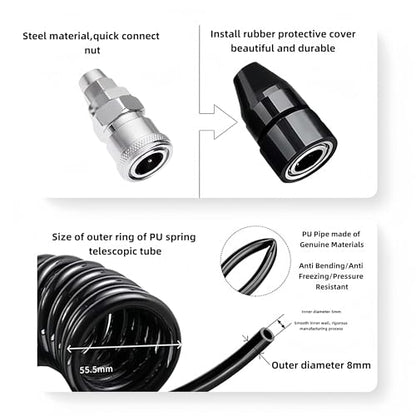Polyurethane Recoil Air Hose, Car Air Pump Extend Hose, Air Compressor Hose, 16.4ft PS20 Female Plug Inflator Extension Tube for American Tire Nozzle Car Motorcycle