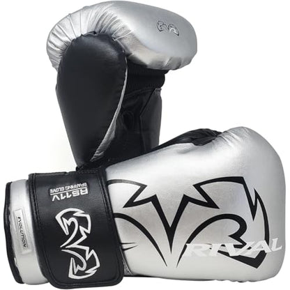 RIVAL Boxing RS11V Evolution Sparring Gloves, Extra-Thick 2” Padding, V-Strap Wrist Lock 2 System, Large Hand Compartment, and 15 Degree Angle Cuff - color: Silver, size: 14 oz.