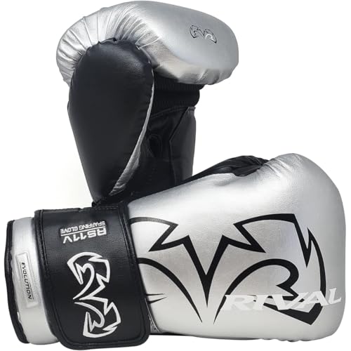 RIVAL Boxing RS11V Evolution Sparring Gloves, Extra-Thick 2” Padding, V-Strap Wrist Lock 2 System, Large Hand Compartment, and 15 Degree Angle Cuff - color: Silver, size: 16 oz.