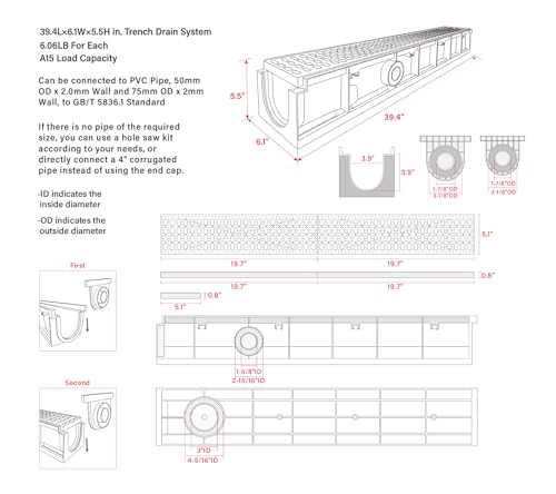 A15 Deep Profile HDPE Trench Drain-39.4Lx6.1Wx5.5H in. Channel Drain with Grates,Durable Plastic Yard Drainage System for Outdoor,Yard Fence,Houseside,Pool,Sidewalk,Patio,Backyard