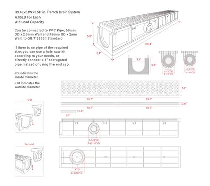 A15 Deep Profile HDPE Trench Drain-39.4Lx6.1Wx5.5H in. Channel Drain with Grates,Durable Plastic Yard Drainage System for Outdoor,Yard Fence,Houseside,Pool,Sidewalk,Patio,Backyard
