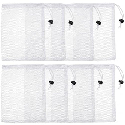 8 Chum Bags and Chum Buckets, Bait Bags for Fishing and Saltwater Fishing, White 30x40 Mesh with Drawstrings, Fishing Gear Accessories