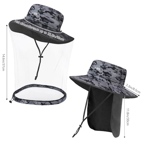 BASSDASH UPF 50+ Mosquito Sun Hat with Hidden Head Net and Neck Flap for Men Women Outdoor Fishing Hiking Camping - color: Storm Camo