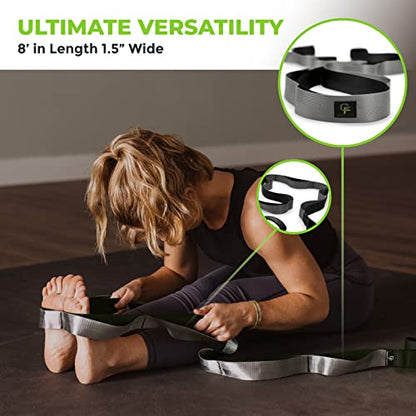 Stretching Strap for Physical Therapy, 12 Multi-Loop Stretch Strap 1.5" W x 8' L, Neoprene Handles, Physical Therapy Equipment, Yoga Straps for Stretching, Leg Stretcher. - color: Black/Grey