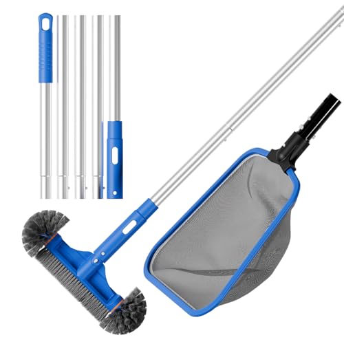 Deluxe Swimming Pool Cleaning Kit Including Half-Deep Fine Mesh Pool Leaf Skimmer Net,12" Round Pool Brush Head & 70.5" Pole, for Above Ground Pools,Ponds,Spas,Hot Tubs