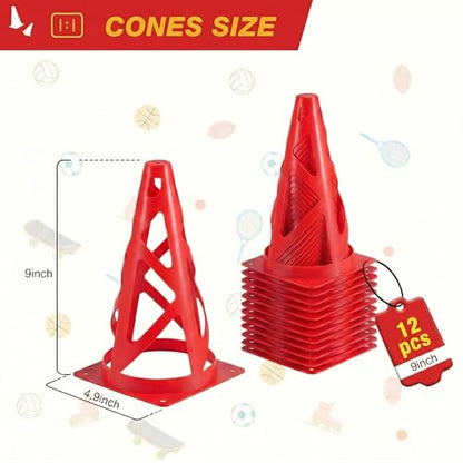 12 Pack Soccer Cones, 9 Inch Agility Cones for Soccer, Football, Basketball, Cones for Sports Training, Speed & Agility Drills, Field Marking Equipment - color: red