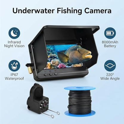 Underwater Fishing Camera with Infrared Night Vision, 8000mAh Battery, IP67 Waterproof Portable Fish Finder for Ice Fishing, Kayak, Boat, River & Lake