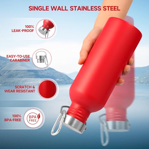 Volhoply 32oz Uninsulated Single Walled Water Bottle, Stainless Steel Sports Water Bottles with Handle, BPA Free Lightweight Water Bottles for Hiking, Biking, Running（Red,1） - color: Red