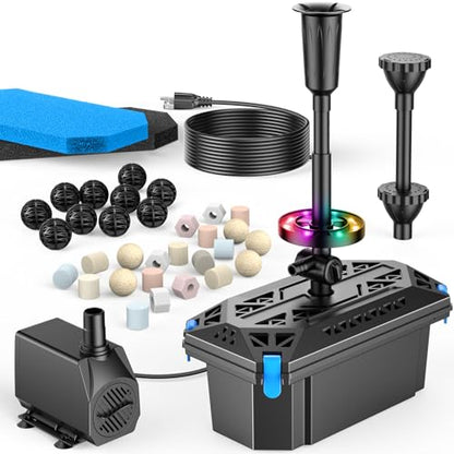 Pond Filter with LED Lights, RGB Pond Filter with 660GPH Pump Fountain Kit, Filter Box with RGB Auto-Cycle LED Lights & 3 Spray Modes for Outdoor Ponds Clean Clear and Build Water Features - style: 660GPH with Led Lights