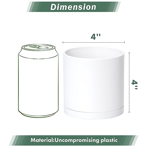 D'vine Dev 6 Pack 4 Inch Modern Plastic Plant Pots, Small Garden Planters for Plant with Drainage Holes and Saucers, White Color, 74-Z-E-3 - size: 4"