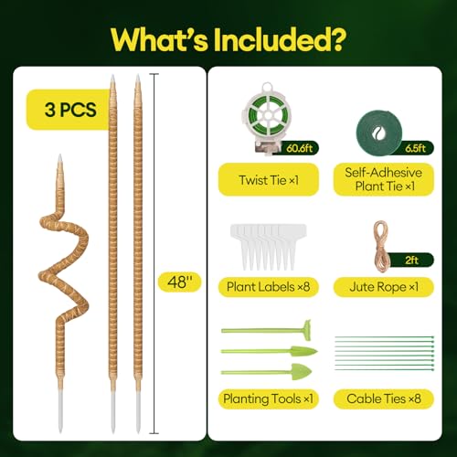 3-Pack 48” Bendable Moss Pole Monstera Plant Support for Climbing Indoors Plants, Coir Moss Poles Moss Sticks Plant Pole DIY, Plant Support Stake for Potted Plants