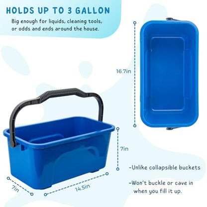 Bucket for Household Cleaning, 3 Gallon Plastic Rectangle Water Bucket with Handle for Mopping, Car and Window Washing, Blue