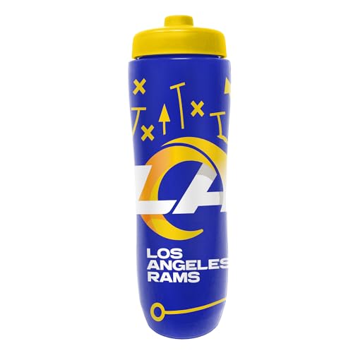 Party Animal NFL Football Squeeze Bottle, 32 oz, LA Rams | Slim, lightweight BPA-free sports water bottle with quick-flow squeeze; fits backpacks & cup holders for kids or adults - color: Los Angeles Rams