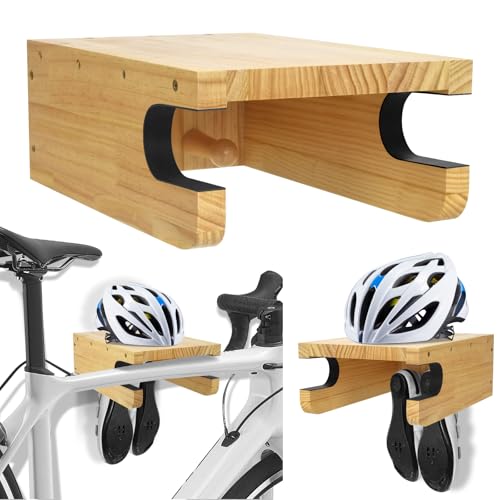 Wooden Bike Wall Mount Rack with Shelf and Hooks, Bike Hanger Wall Mount