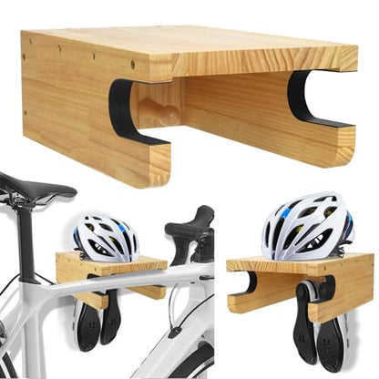Wooden Bike Wall Mount Rack with Shelf and Hooks, Bike Hanger Wall Mount