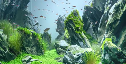 Marine Aquarium Background, Sea Rock Green Landscape Fish Tank Background, Nature Photo Terrarium Background 48X24IN with 8 EVA Double-Sided Tape