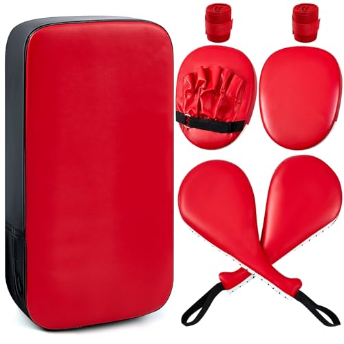 Poen 7 in 1 Taekwondo Kick Pad Boxing Training Equipment Punching Mitts Martial Arts Wrist Band Adjustable Soft Pads Set for Karate Muay Thai MMA Training - color: Red
