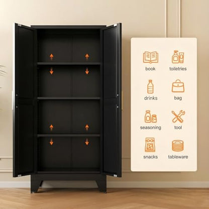 61" Tall Metal Storage Cabinet with 2 Doors and 3 Adjustable Shelves, 4-Tier Kitchen Pantry Storage Cabinet for Kitchen, Living Room, Dining Room and Office, Black