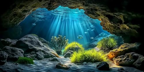 Underwater Cave Aquarium Background Rocks Water Plants Sunburst Landscape Fish Tank Background 30x18 Inches PVC Glass Container Decoration with Tapes - color: Cave, size: 30'x18"/75x45cm