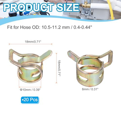 PATIKIL Spring Band Hose Clamps for 10.5-11.2mm OD Hose, 20 Pack Silicone Vacuum Constant Tension Band Clips for Fuel Line Silicone Air Hose Tube Water Pipe, Gold