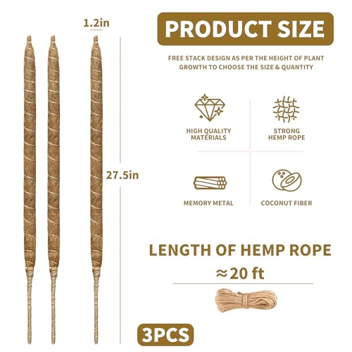 3 Pack Moss Pole Monstera Plant Support, 28 Inch Bendable Moss Poles for Climbing Plants with 20 FT Jute Ropes, Coco Coir Moss Pole Kit Support for Indoor Potted Plants, Pothos, Philodendron