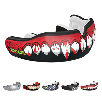 DAMAGE CONTROL Custom Fit Mouthguard – Bleeding Fangs – 2-Week Process | Dentist-Designed, Boil & Bite Impression Kit, 2-Week Process, Hand-Fabricated Custom Fit, 3D Scan for Easy Reorders - color: Bleeding Fangs