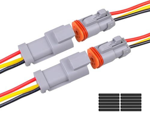 2Pack 3-Pin Waterproof DT Connector Male and Female Wire Connectors with 16AWG 105℃ 600V Wires and Heat Shrink Tubes, Applicable for Automotive Electrical Connections - size: 3-pin/2pack