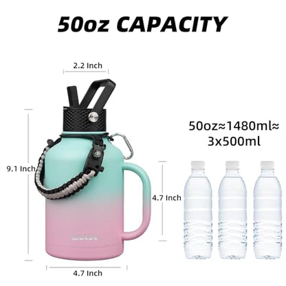 BJPKPK 50oz Insulated Water Bottle with Straw Lid Stainless Steel Water Jug - color: Marshmallow, style: 50oz-Side Handle