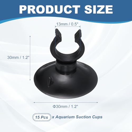 Aquarium Suction Cups, Fish Tank Suction Cups Clips Airline Tube Holders Clamps (Plastic, 15Pcs, Black) for 0.5" Fish Tank Airline Tubing Binding Moss Shrimp Nest, 13x30MM