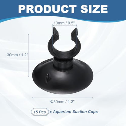 Aquarium Suction Cups, Fish Tank Suction Cups Clips Airline Tube Holders Clamps (Plastic, 15Pcs, Black) for 0.5" Fish Tank Airline Tubing Binding Moss Shrimp Nest, 13x30MM