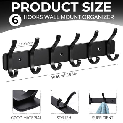 Wall Mount Coat Rack 1 Pack, Black Coat Hooks Hanger with 6 Double Hooks - color: Black, size: 1 Pack(6 hooks)