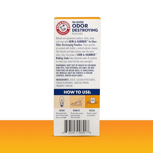 Arm & Hammer In-Shoe Odor Control Pouches, Moisture Absorbing, 4 Count