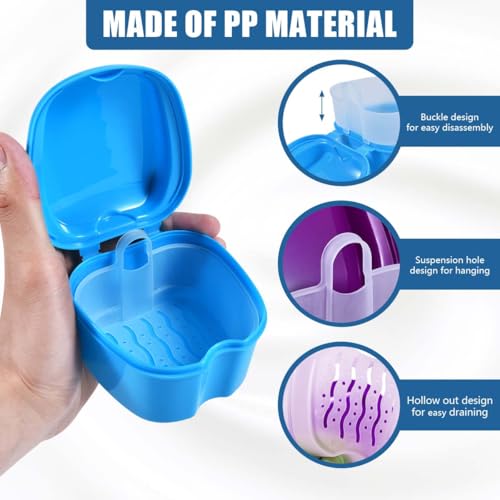 KISEER 2 Pack Colors Denture Bath Case Cup Box Holder Storage Soak Container with Strainer Basket for Travel Cleaning (Light Blue and Purple) - color: Light Blue and Purple