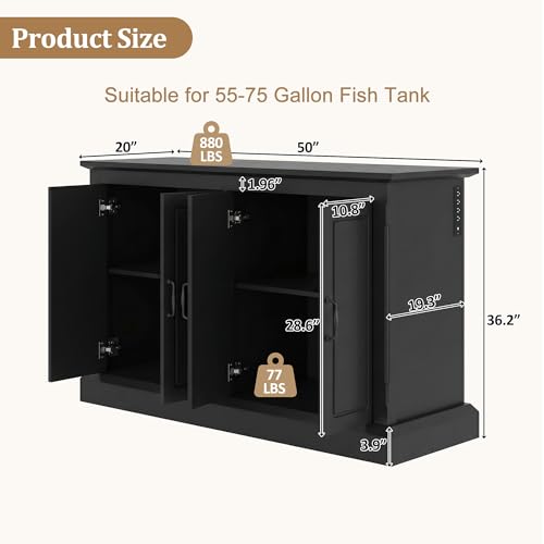 55-75 Gallon Fish Tank Stand - Heavy Duty Aquarium Stand with Storage Cabinet & Power Outlet | 880LBS Capacity Tank Stand with 50"*20" Tabletop for Fish Tank, Turtle Tank, Reptile Terrarium Black
