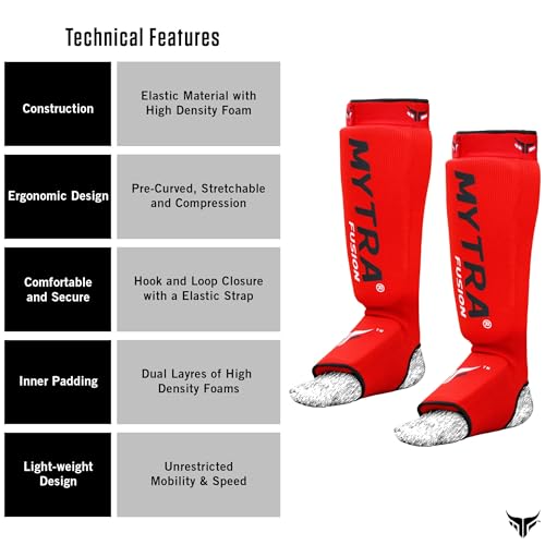 Mytra Fusion Shin Pads Instep Protector Kick Boxing Muay Thai Training Elasticated shin Guards - color: Red, size: Small-Medium