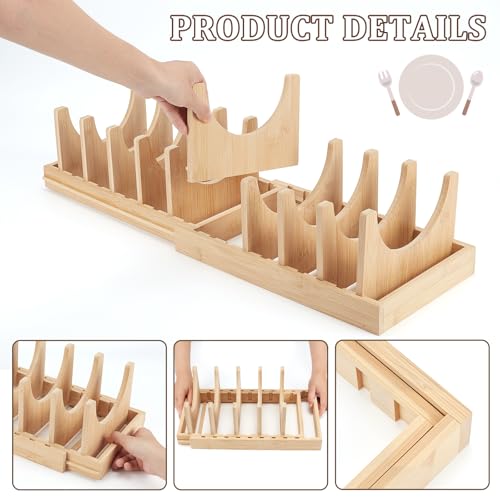 Bamboo Expandable Pots and Pans Organizer under Cabinet, Pot Lid Organizer Holder with 10 Adjustable Dividers, Cutting Board Holder, Baking Sheet Organizers for Kitchen Countertop