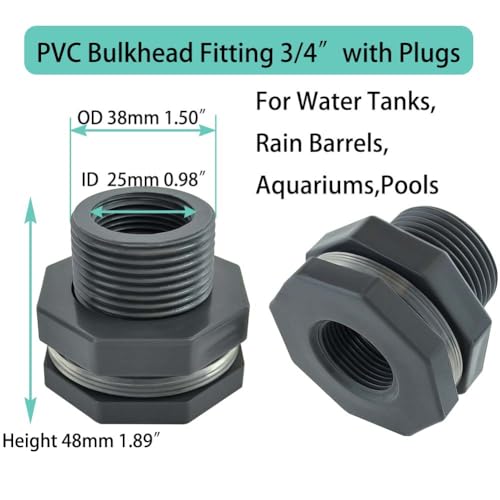 YSIL PVC Bulkhead Fitting 3/4 Inch Female Water Tank Connector with Plugs Pipe Fitting for 1-1/2"(38 mm) Water Tanks,Rain Barrels, Aquariums,Pools 3 Pack