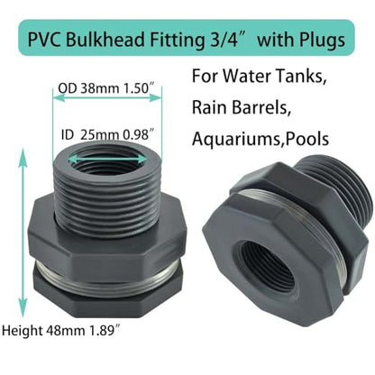YSIL PVC Bulkhead Fitting 3/4 Inch Female Water Tank Connector with Plugs Pipe Fitting for 1-1/2"(38 mm) Water Tanks,Rain Barrels, Aquariums,Pools 3 Pack