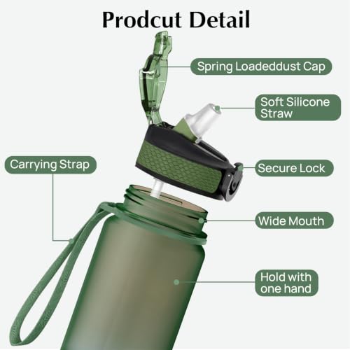 EYQ 32oz Water Bottle with Straw, Time Marker, Blue Purple - color: 8.Hunter Green